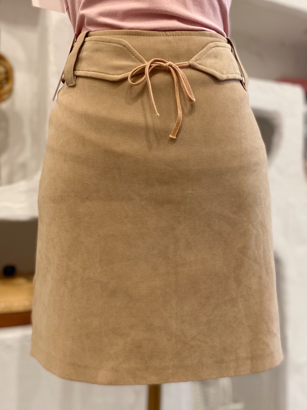 Y2K Vintage Garage High Waist Tan Faux Suede Pencil Skirt with Front Ties